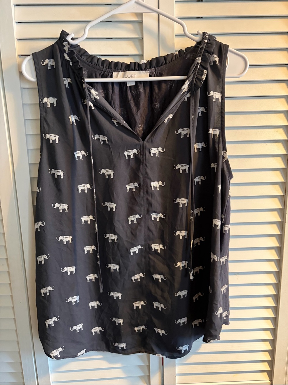 LOFT Navy Sleeveless V-Neck Top with White Elephant Print